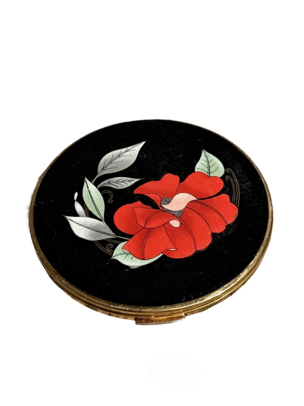 Vintage Mid Century Stratton Round Compact Black Red Floral